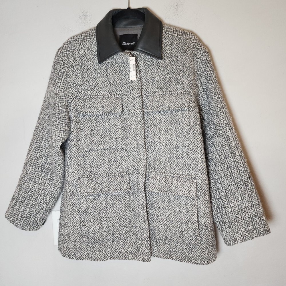 NWT Madewell Wool Alpaca Blend Leather Collar Grey Flap-Pocket Field Jacket XS